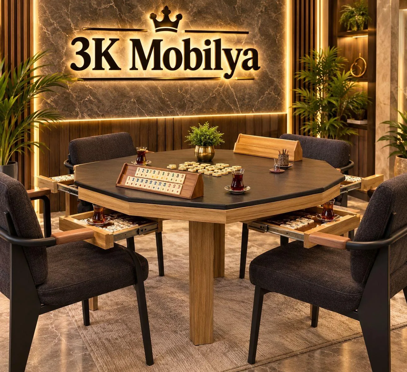 Çekmeceli ahşap ayaklı sekizgen okey masası ve kolçaklı sandalyeler